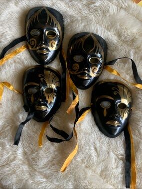 Vtg 80s solid brass black gold masks set of 4